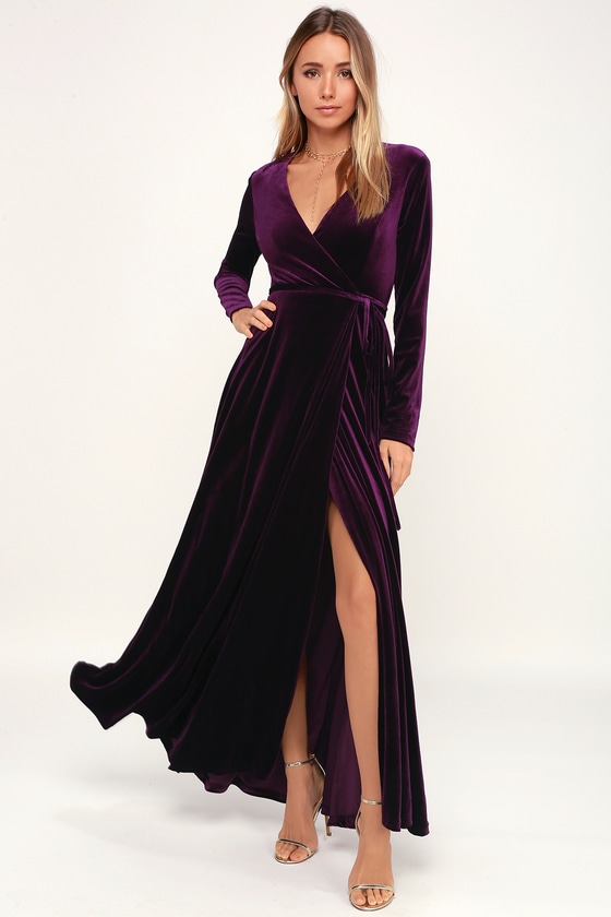 Lovely Plum Purple Dress - Long Sleeve Dress - Velvet Wrap Maxi - Lulus